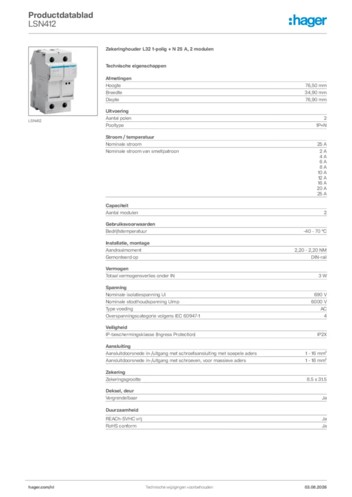 Afbeelding Hager Productdatablad LSN412 | Hager Nederland