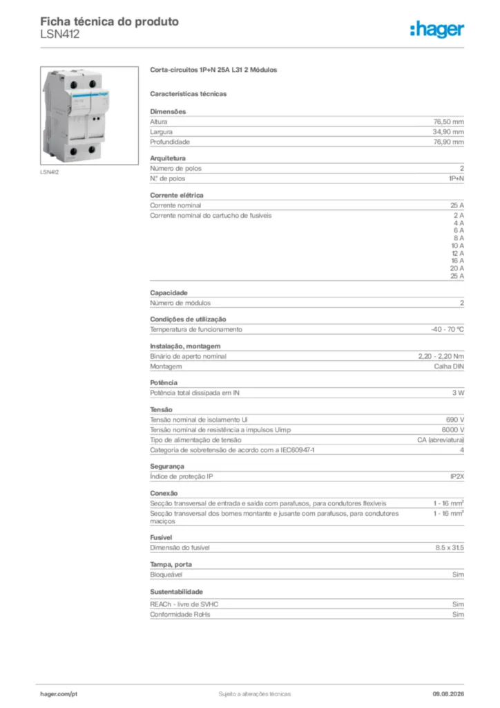 Imagem Hager Ficha técnica do produto LSN412 | Hager Portugal