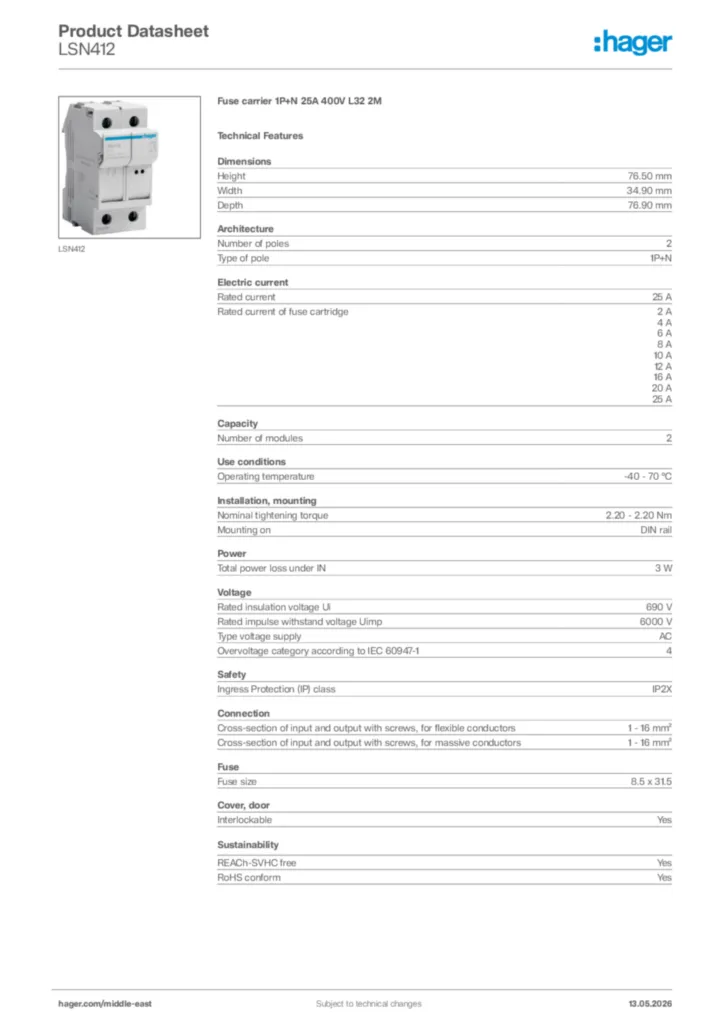 Image Hager Product data sheet LSN412  | Hager