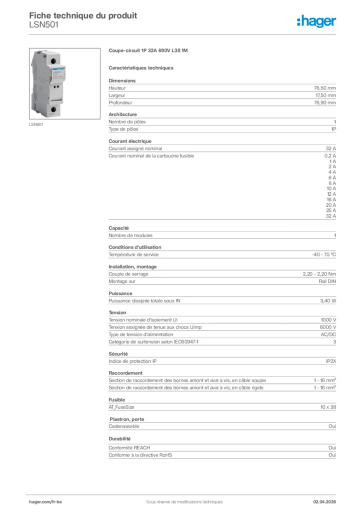 Image Hager Fiche technique du produit LSN501 | Hager Belgique