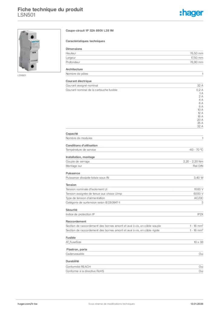Image Hager Fiche technique du produit LSN501 | Hager Belgique