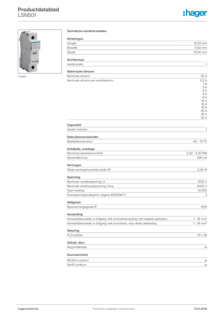 Afbeelding Hager Productdatablad LSN501 | Hager Belgium