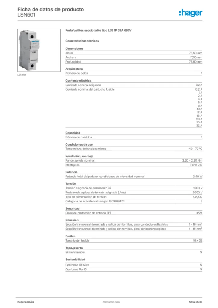 Imagen Hager Ficha de datos de producto LSN501 | Hager España