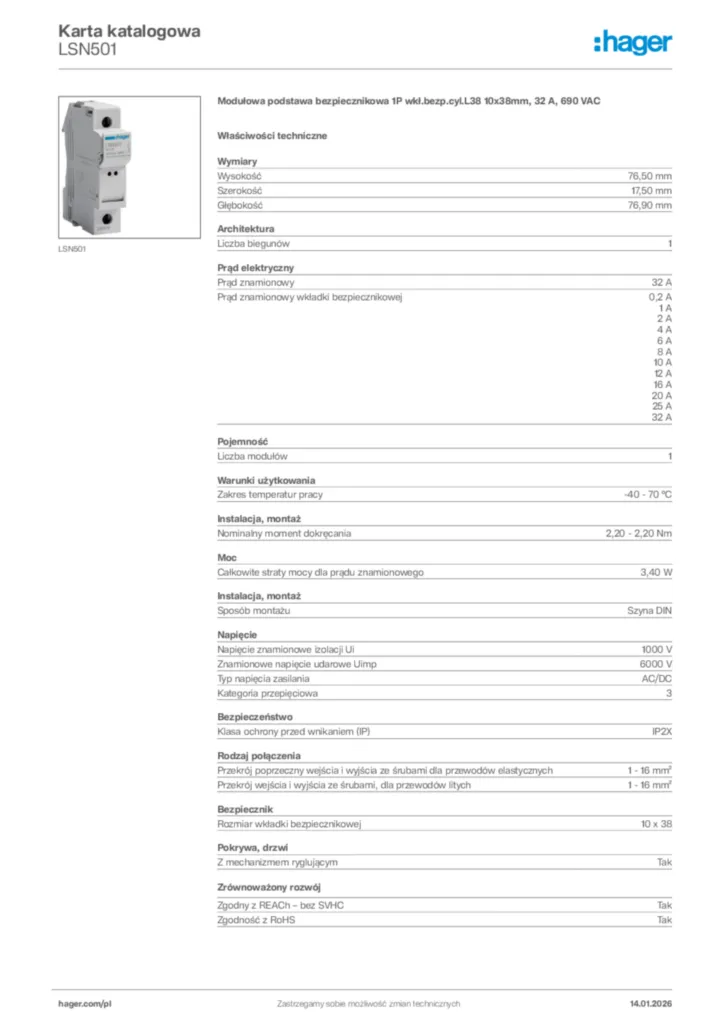 Zdjęcie Hager Karta katalogowa LSN501 | Hager Polska