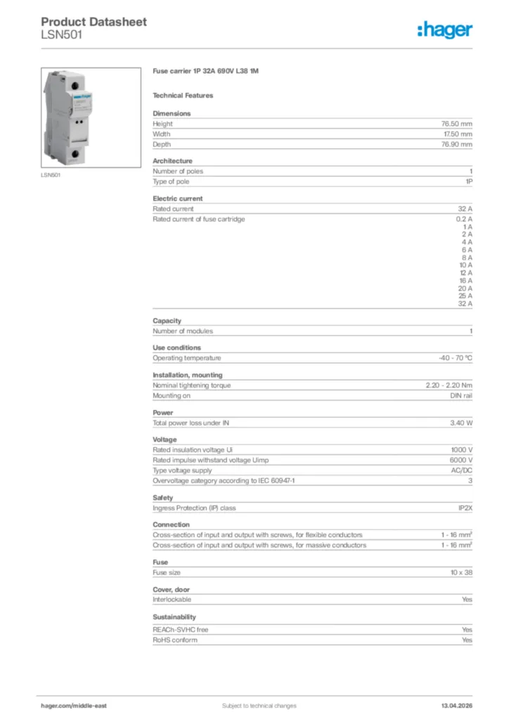 Image Hager Product data sheet LSN501  | Hager