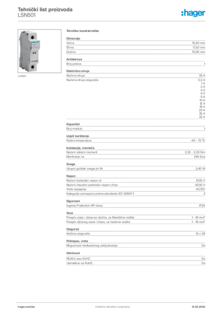 Slika Hager Tehnički list proizvoda LSN501  | Hager