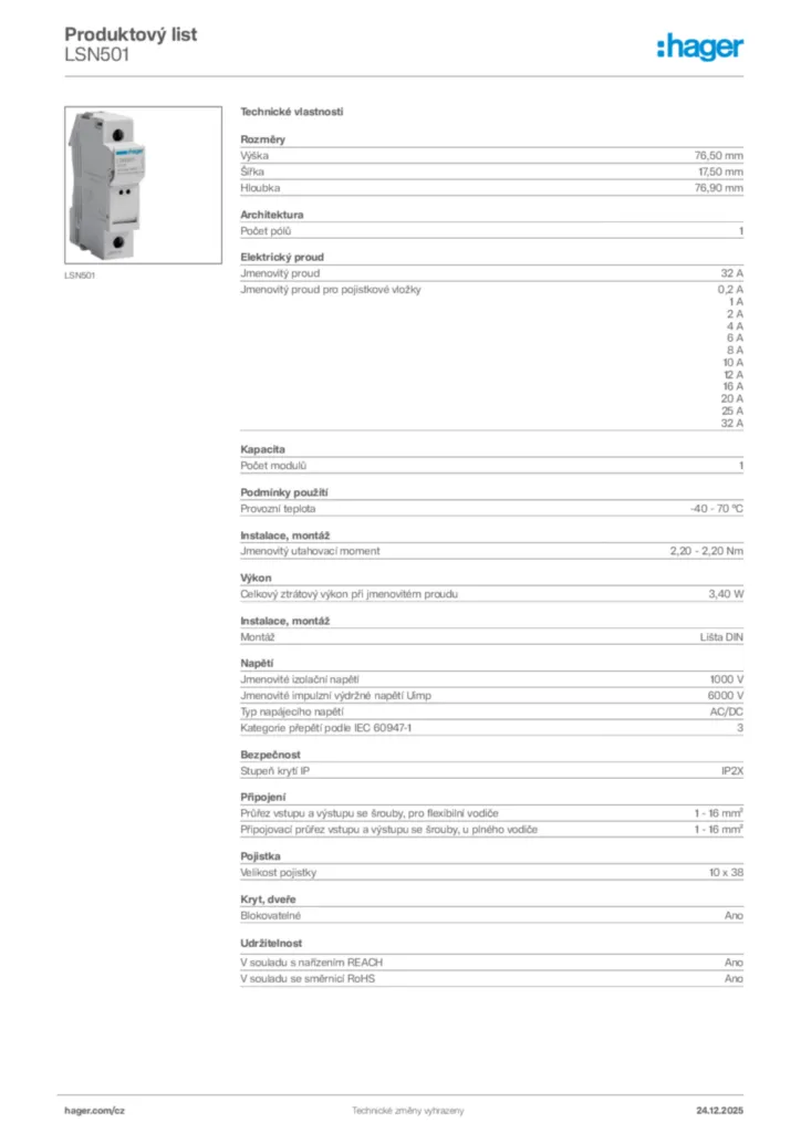 Obrázek Hager Product data sheet LSN501 | Hager