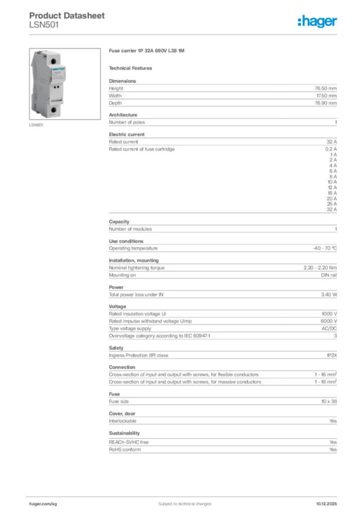 Image Hager Product data sheet LSN501  | Hager