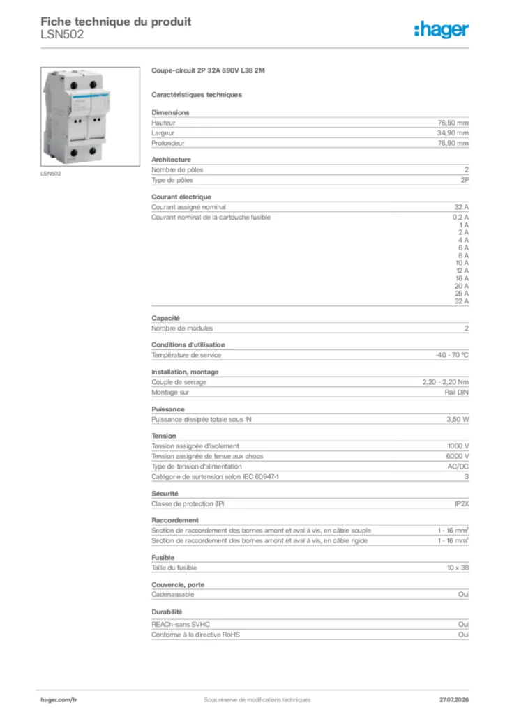 Image Hager Fiche technique du produit LSN502 | Hager France