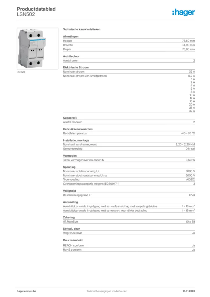 Afbeelding Hager Productdatablad LSN502 | Hager Belgium