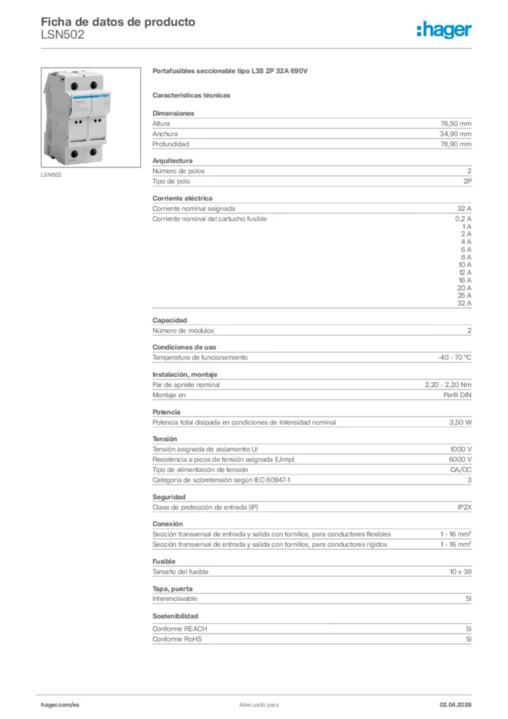 Imagen Hager Ficha de datos de producto LSN502 | Hager España