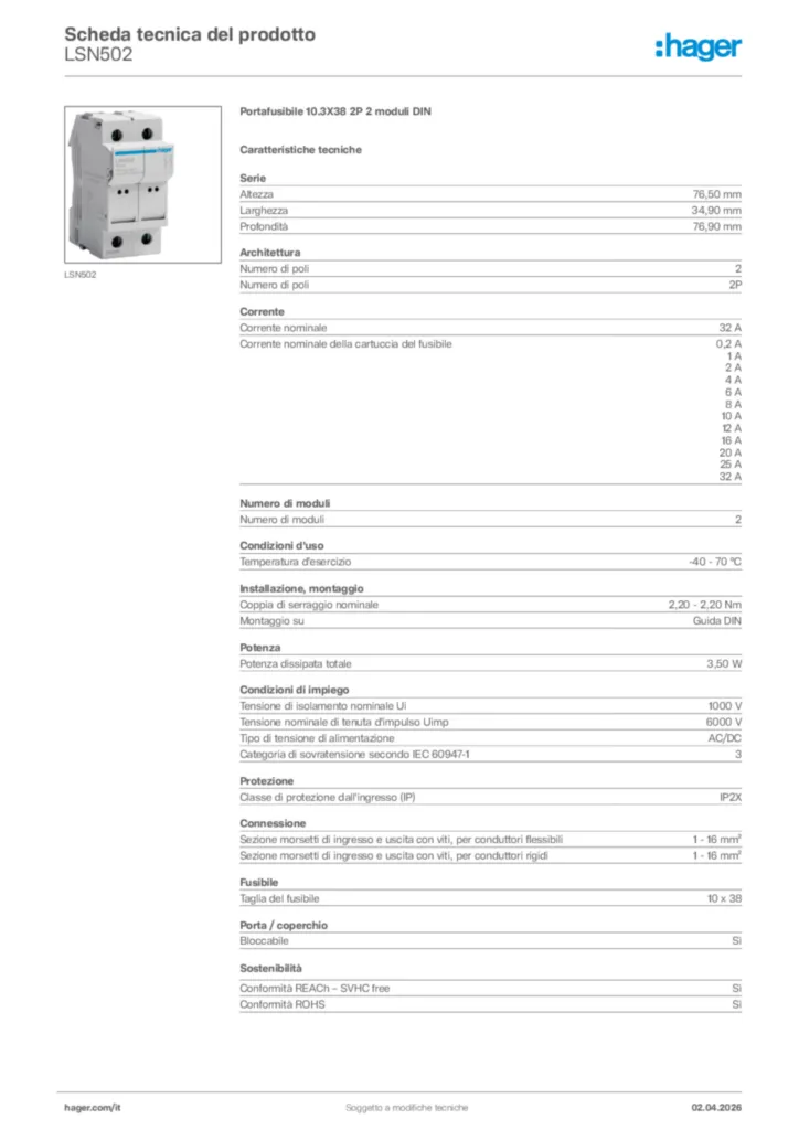 Immagine Hager Scheda tecnica del prodotto LSN502 | Hager Italia