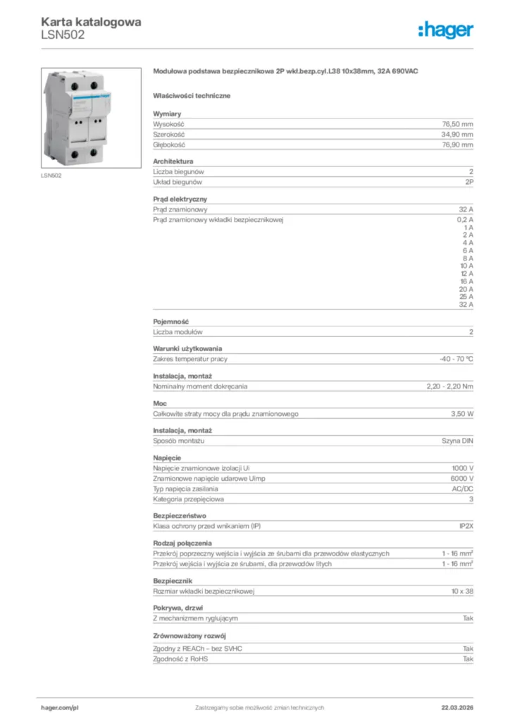 Zdjęcie Hager Karta katalogowa LSN502 | Hager Polska
