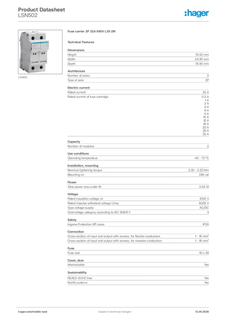 Image Hager Product data sheet LSN502  | Hager