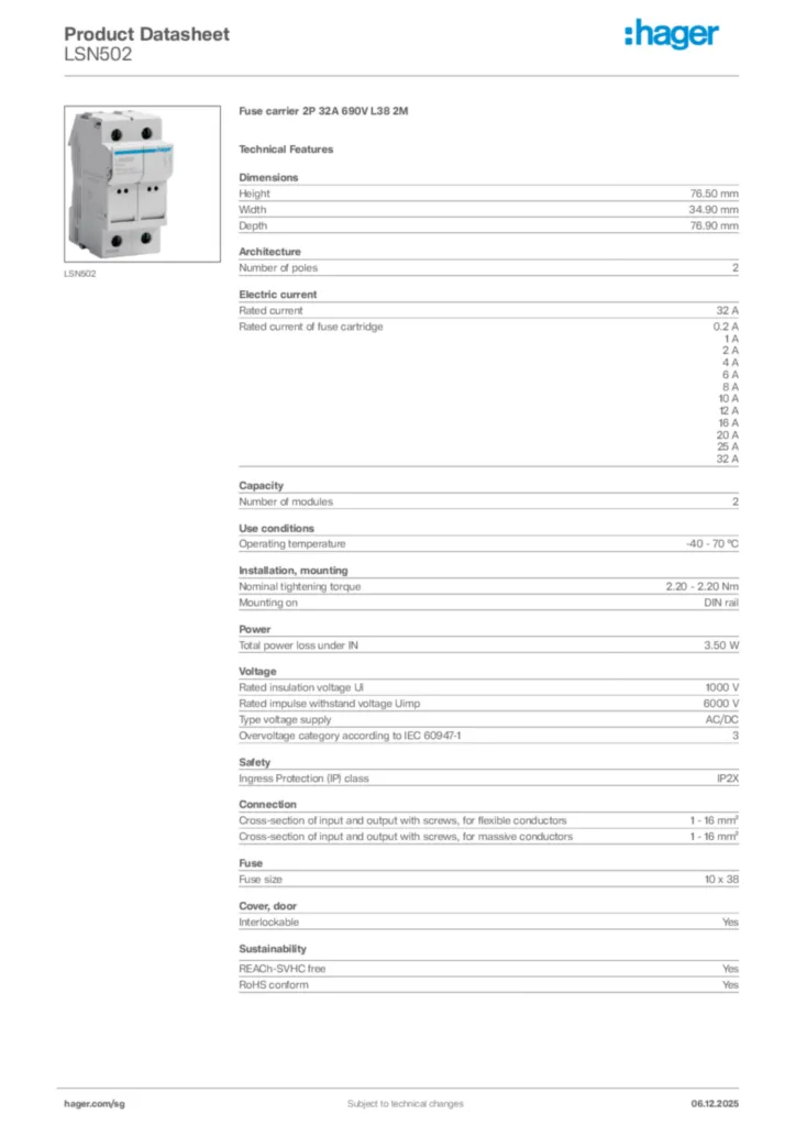 Image Hager Product data sheet LSN502  | Hager
