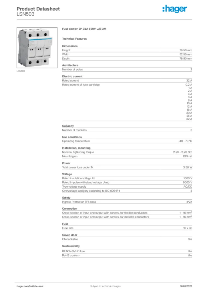 Image Hager Product data sheet LSN503  | Hager