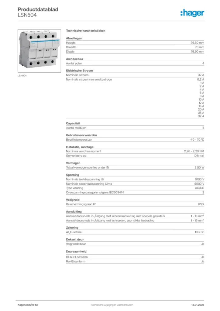 Afbeelding Hager Productdatablad LSN504 | Hager Belgium