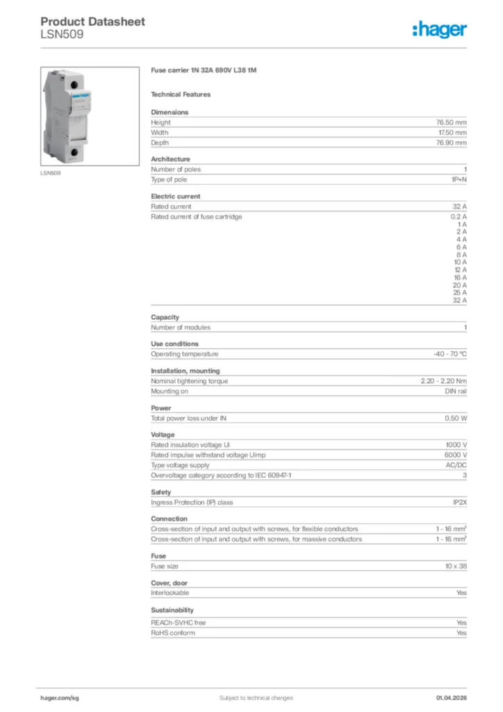Image Hager Product data sheet LSN509  | Hager