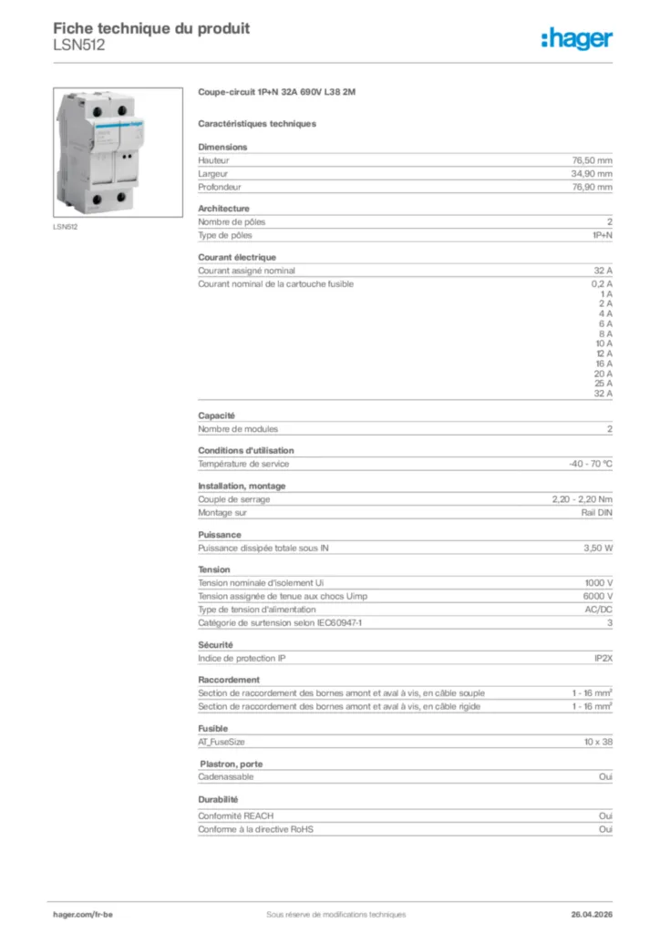 Image Hager Fiche technique du produit LSN512 | Hager Belgique