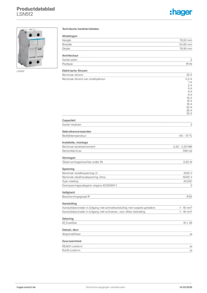 Afbeelding Hager Productdatablad LSN512 | Hager Belgium