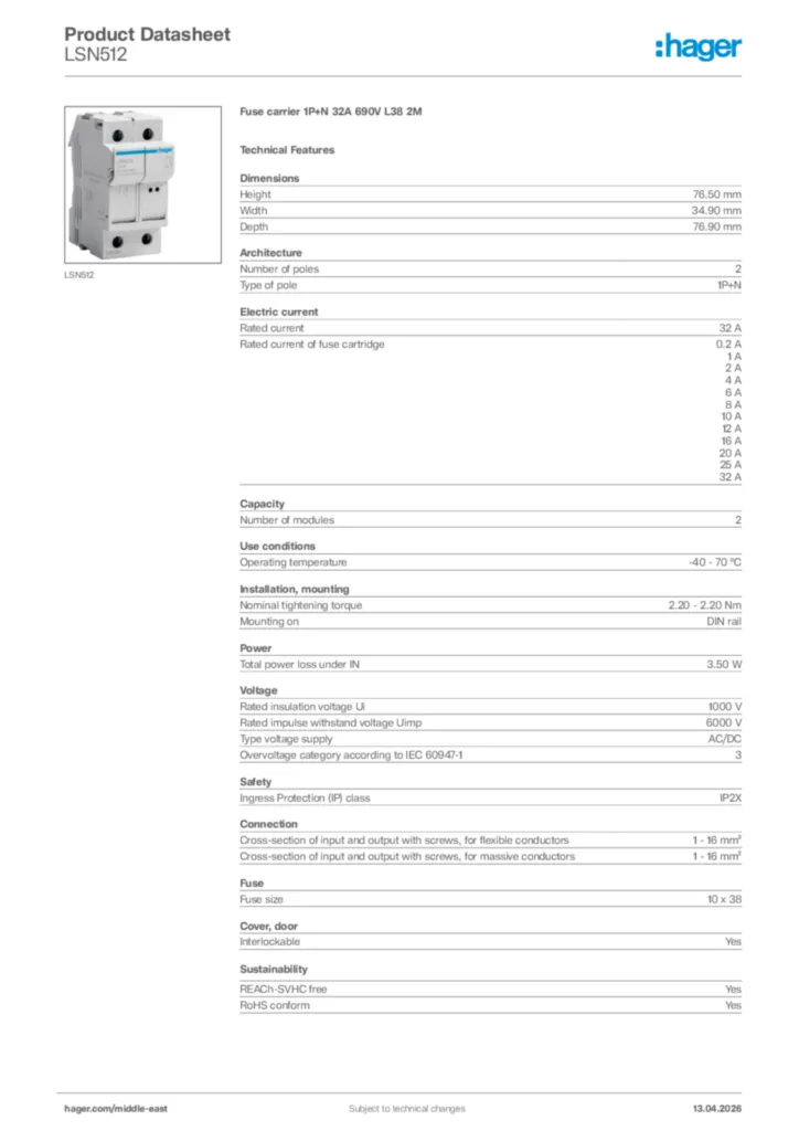 Image Hager Product data sheet LSN512  | Hager
