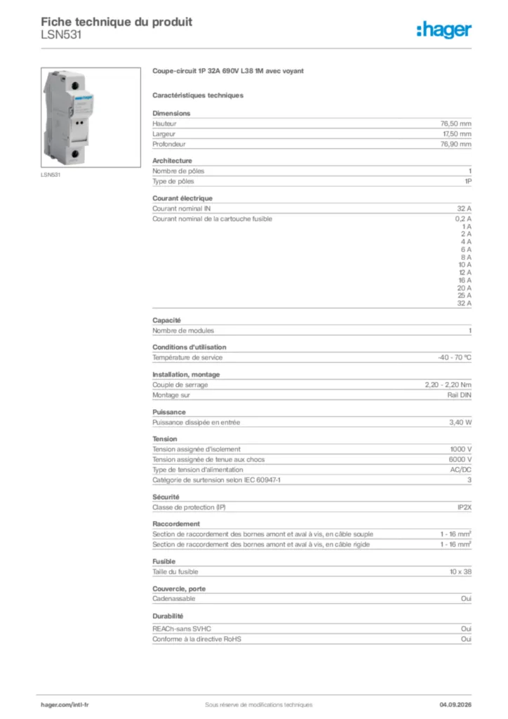 Image Hager Fiche technique du produit LSN531 | Hager Afrique