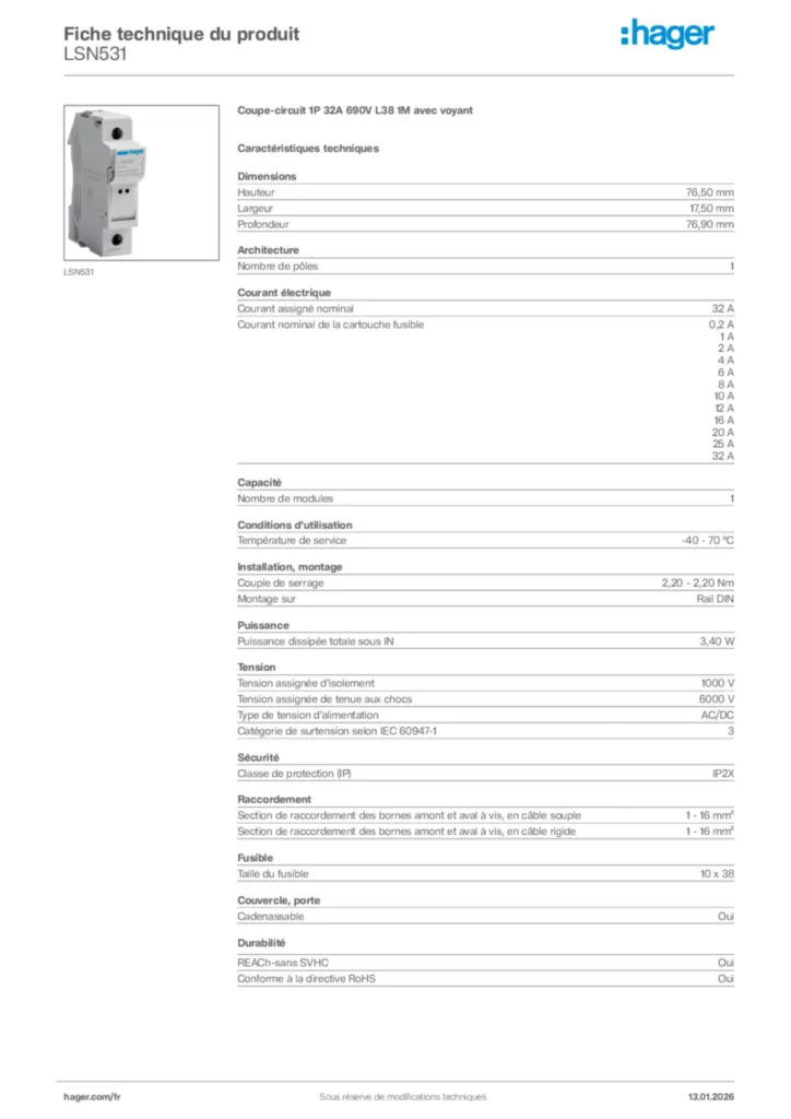 Image Hager Fiche technique du produit LSN531 | Hager France
