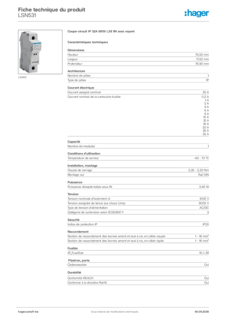 Image Hager Fiche technique du produit LSN531 | Hager Belgique