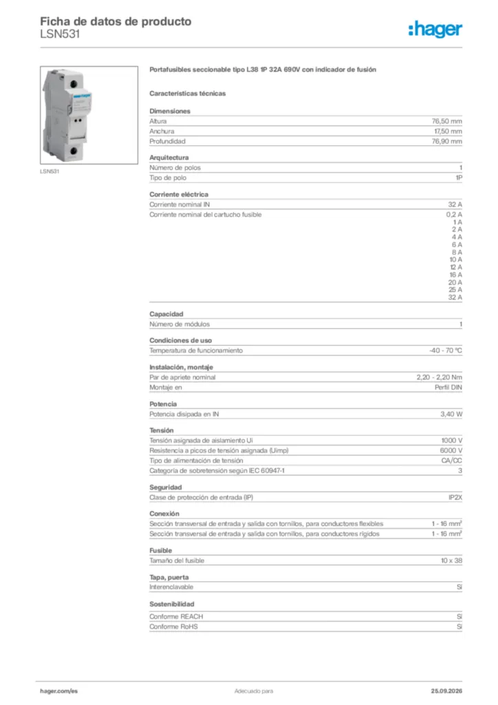 Imagen Hager Ficha de datos de producto LSN531 | Hager España