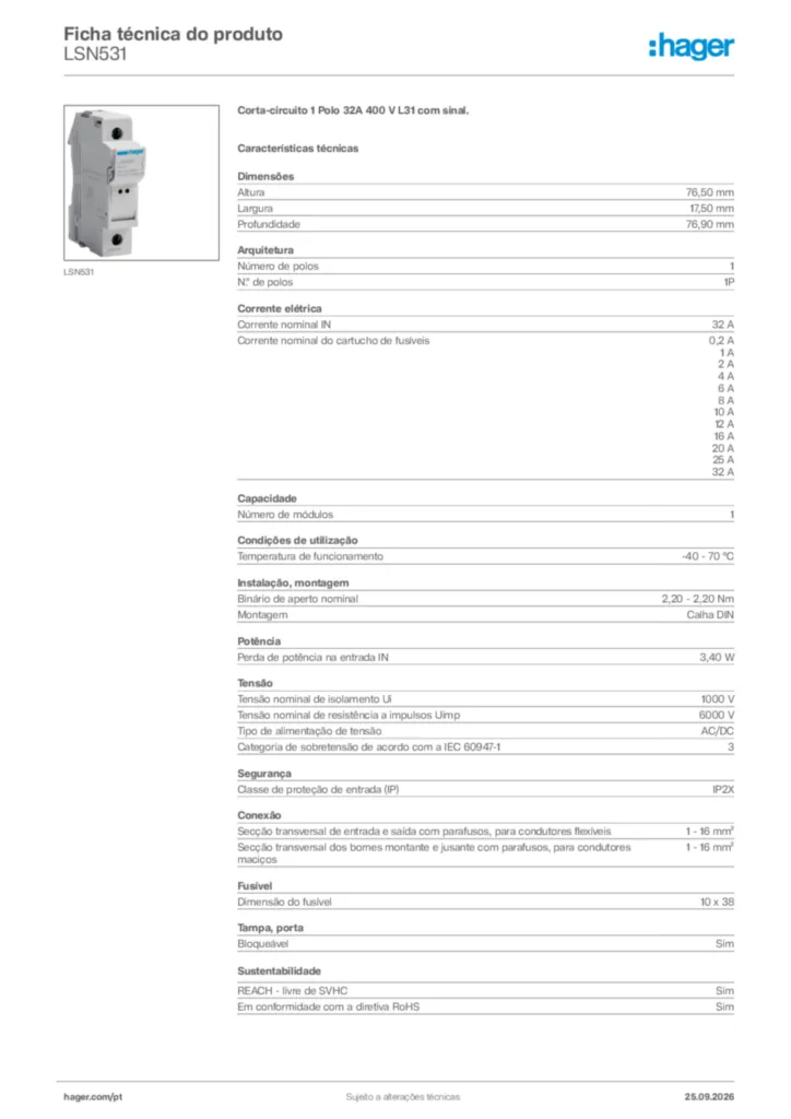 Imagem Hager Ficha técnica do produto LSN531 | Hager Portugal