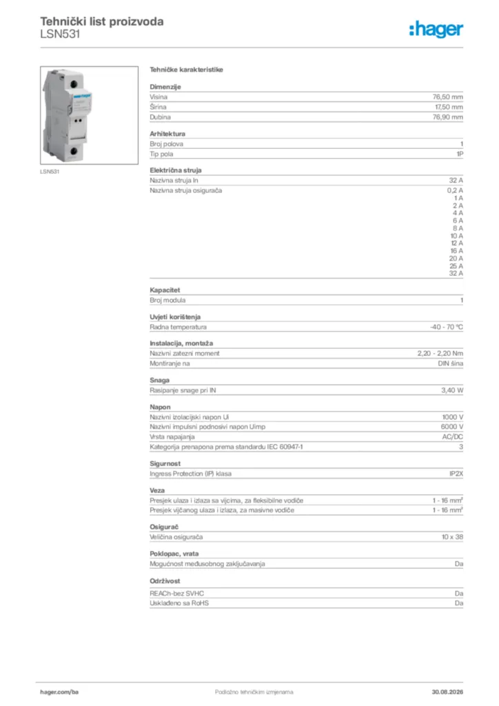 Slika Hager Tehnički list proizvoda LSN531  | Hager