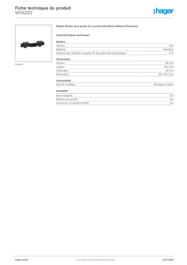 Image Hager Fiche technique du produit WXA022 | Hager France