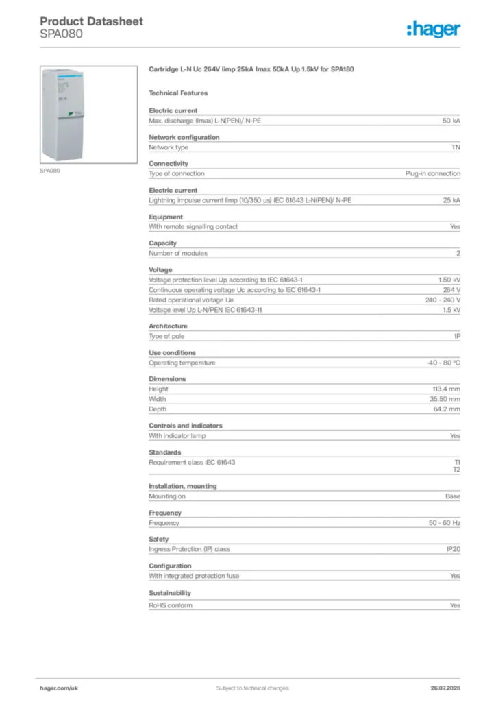 Image Hager Product data sheet SPA080  | Hager