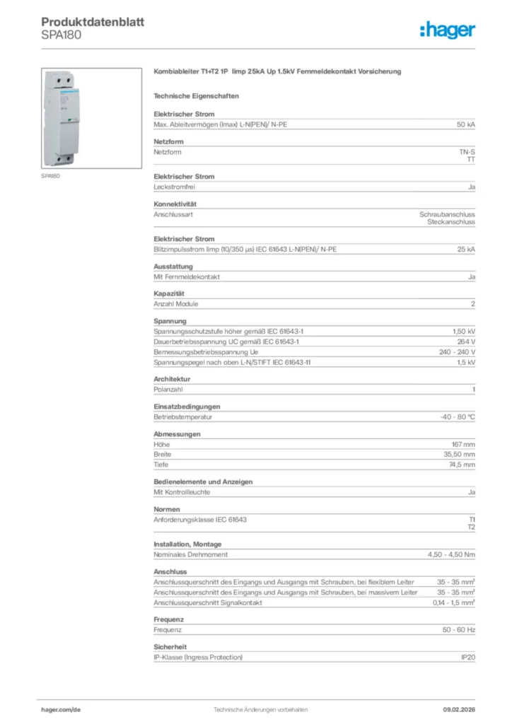 Bild Hager Produktdatenblatt SPA180 | Hager Deutschland