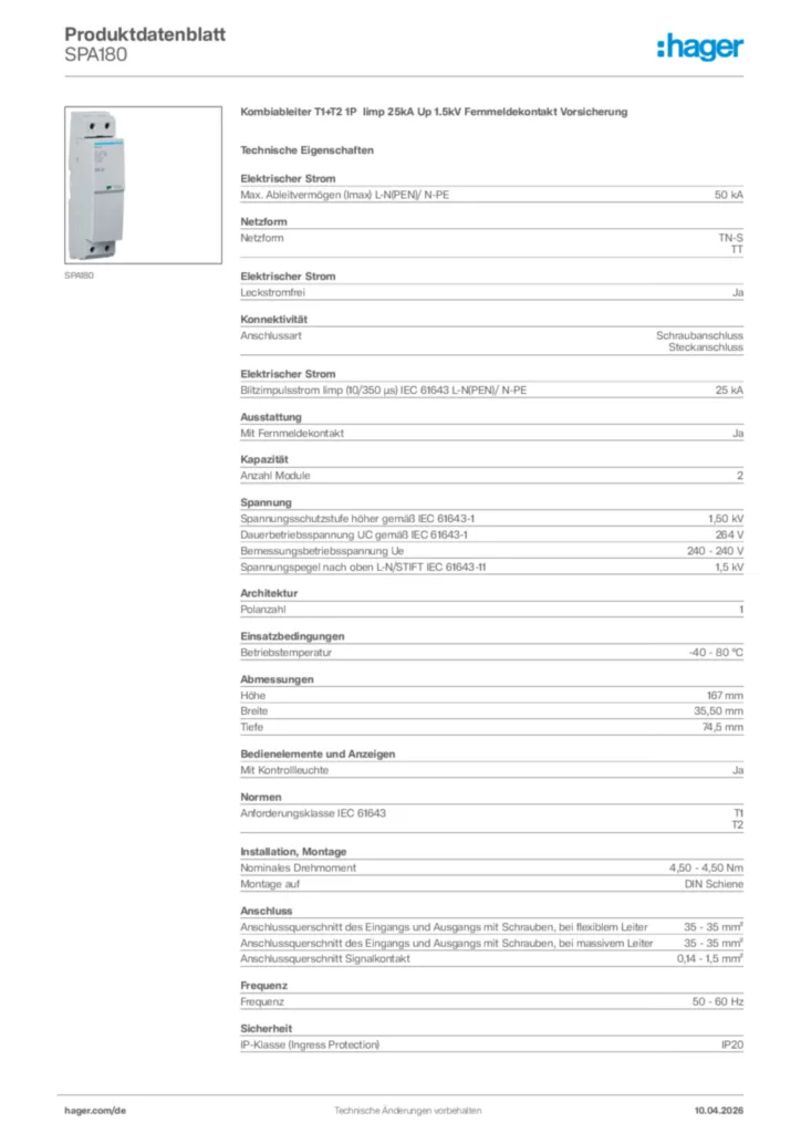 Bild Hager Produktdatenblatt SPA180 | Hager Deutschland