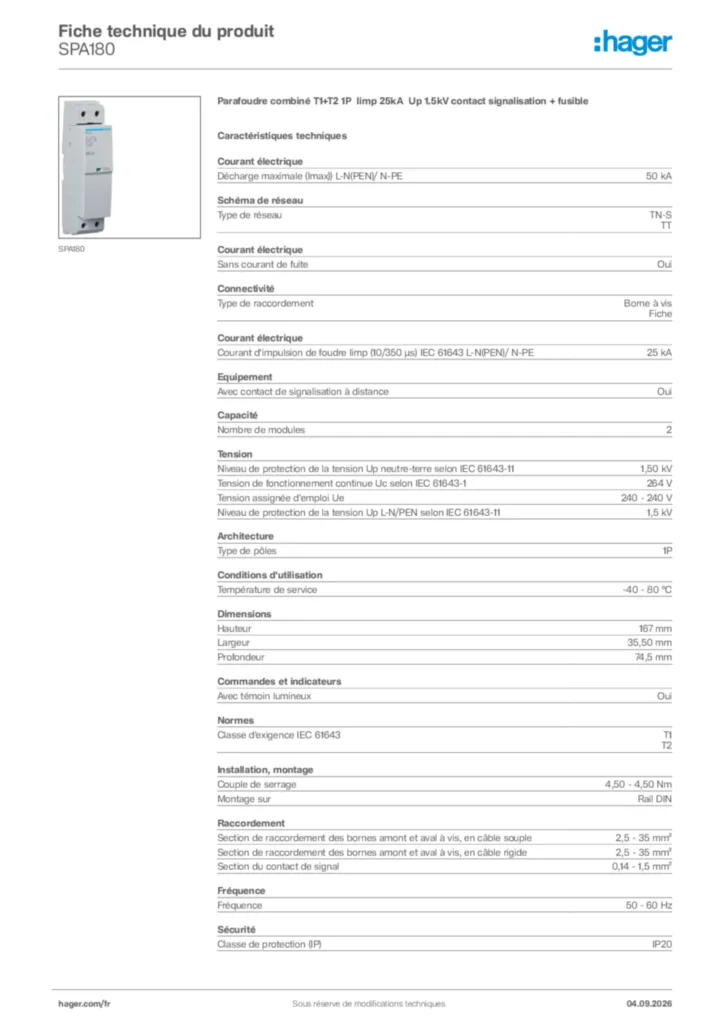 Image Hager Fiche technique du produit SPA180 | Hager France