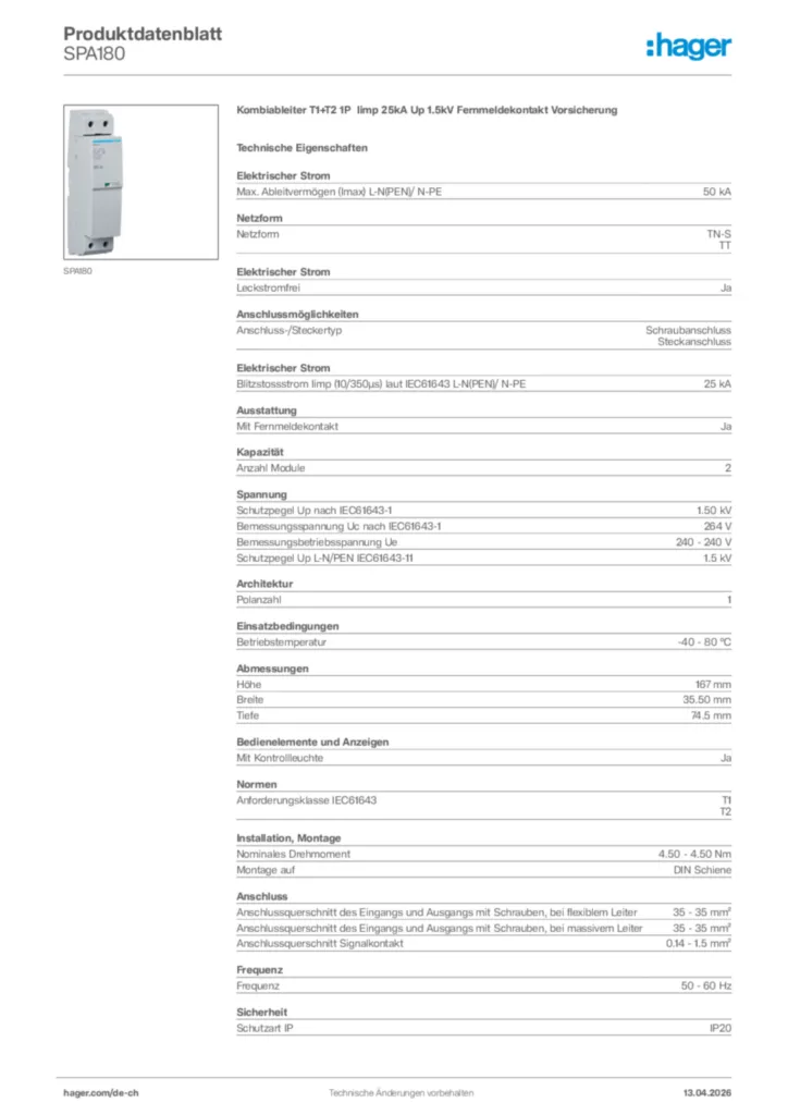 Bild Hager Produktdatenblatt SPA180 | Hager Schweiz