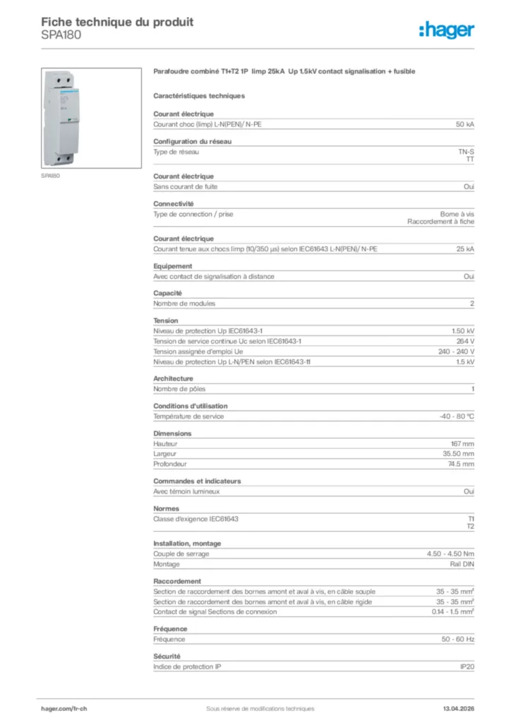 Image Hager Fiche technique du produit SPA180 | Hager Suisse