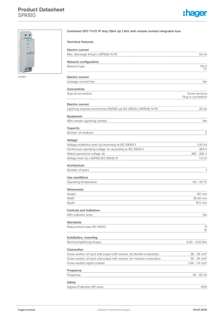 Image Hager Product data sheet SPA180  | Hager