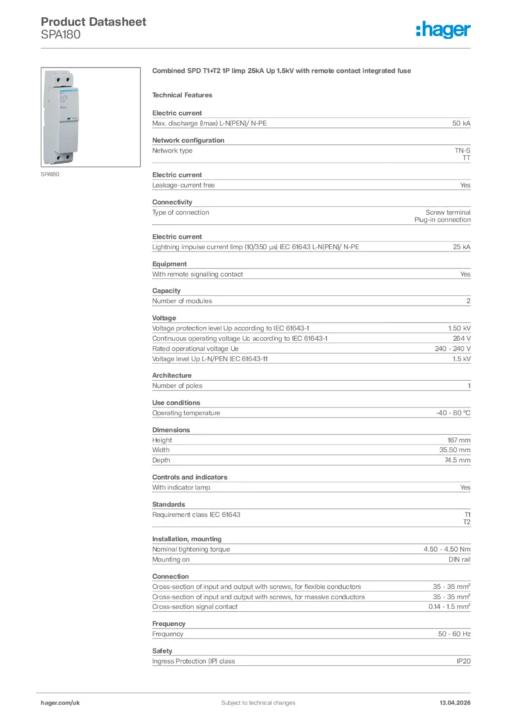 Image Hager Product data sheet SPA180  | Hager