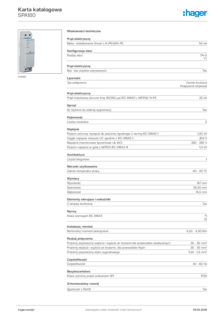 Zdjęcie Hager Karta katalogowa SPA180 | Hager Polska