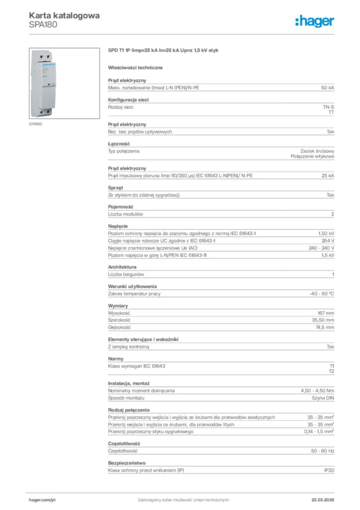 Zdjęcie Hager Karta katalogowa SPA180 | Hager Polska