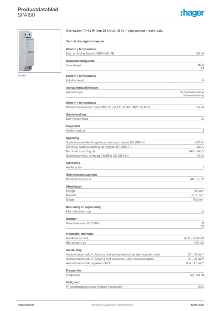 Afbeelding Hager Productdatablad SPA180 | Hager Nederland
