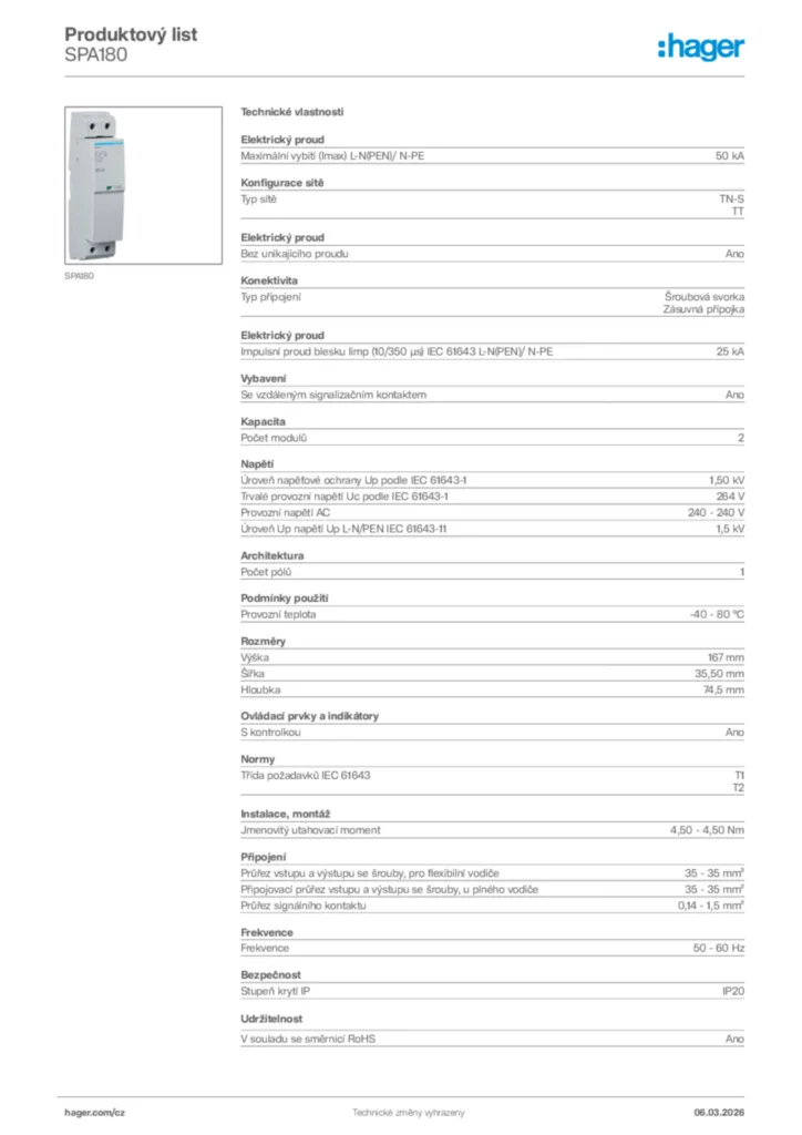 Obrázek Hager Product data sheet SPA180 | Hager