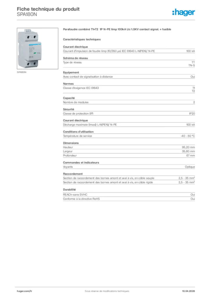 Image Hager Fiche technique du produit SPA180N | Hager France