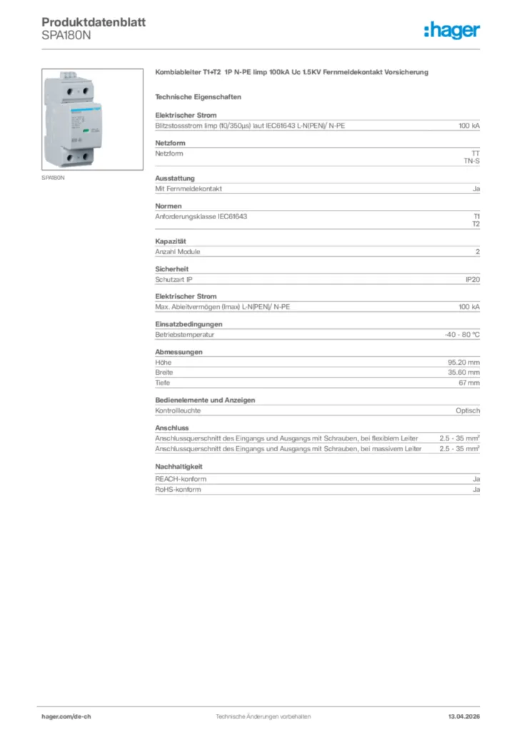 Bild Hager Produktdatenblatt SPA180N | Hager Schweiz