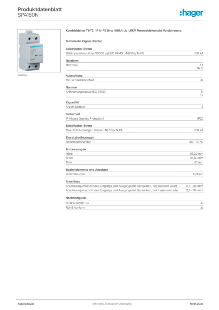 Bild Hager Produktdatenblatt SPA180N | Hager Deutschland
