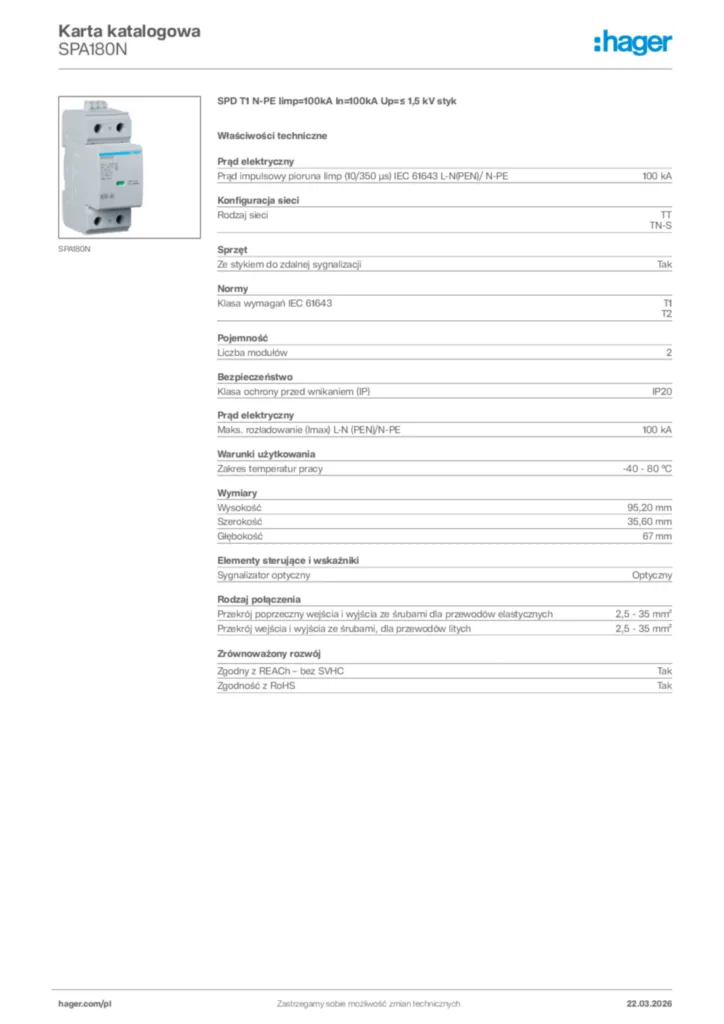 Zdjęcie Hager Karta katalogowa SPA180N | Hager Polska