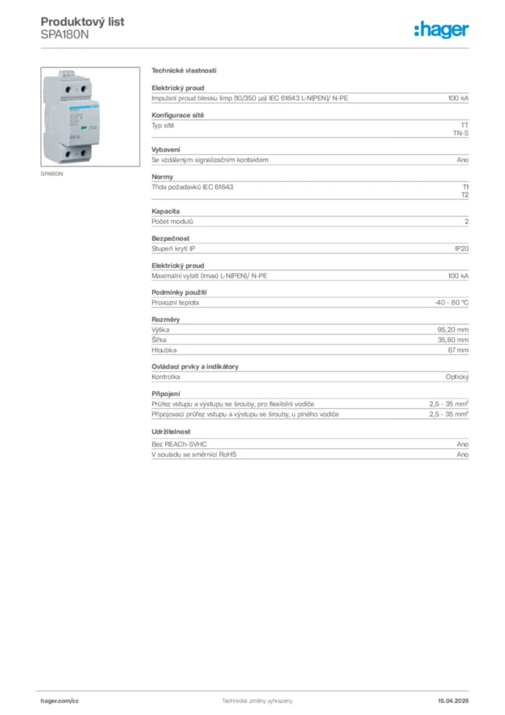 Obrázek Hager Product data sheet SPA180N | Hager