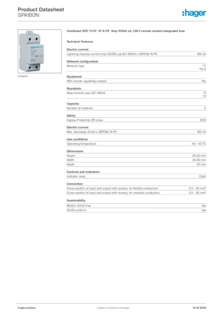 Image Hager Product data sheet SPA180N  | Hager